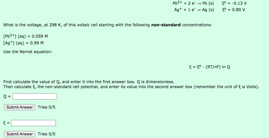 Solved Pb2 2e Pb S Ag 1 E Ag S Co 0 13 V Chegg Com