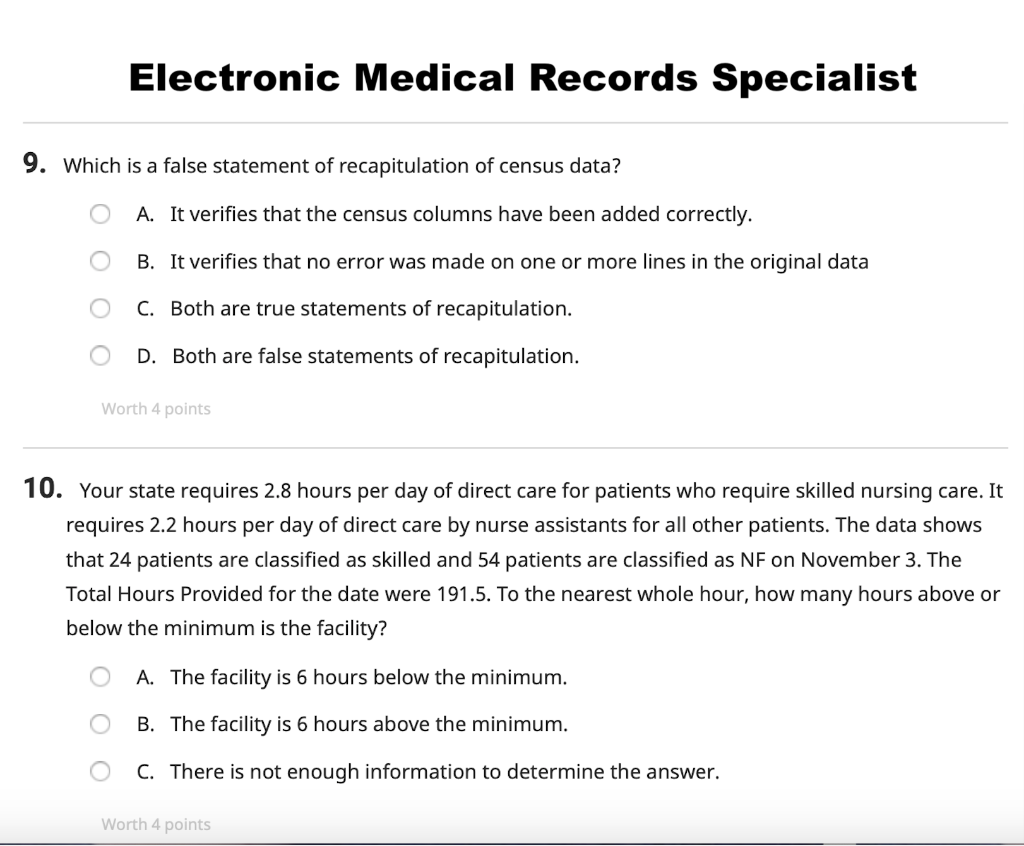 Electronic Medical Records Specialist 9. Which is a false statement of recapitulation of census data? A. It verifies that the