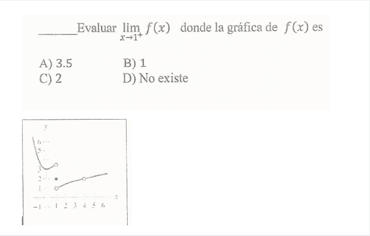 Evaluar \( \lim _{x \rightarrow 1^{+}} f(x) \) donde la gráfica de \( f(x) \) es A) \( 3.5 \) B) 1 C) 2 D) No existe