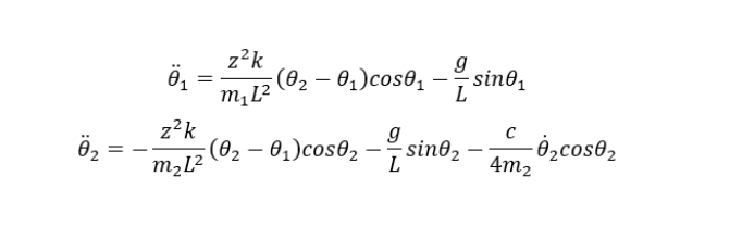 Solved θ¨1=m1L2z2k(θ2−θ1)cosθ1−Lgsinθ1θ¨2=−m2L2z2k(θ2−θ1)cos | Chegg.com