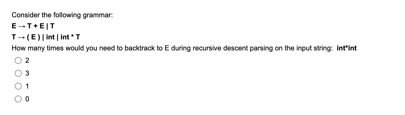 Solved Consider the following grammar: E→T+E∣TT→(E)∣ int ∣ | Chegg.com