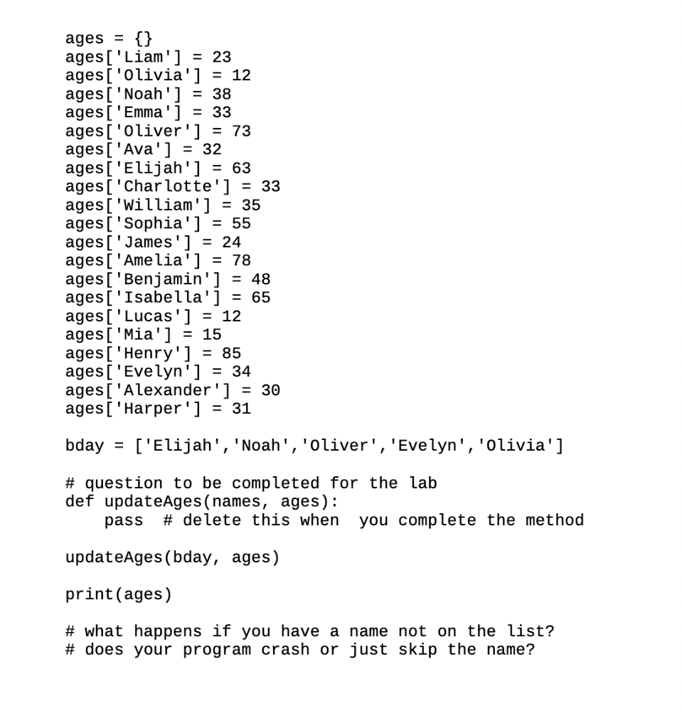 Solved Python (1)updateAges(names, ages) that takes | Chegg.com
