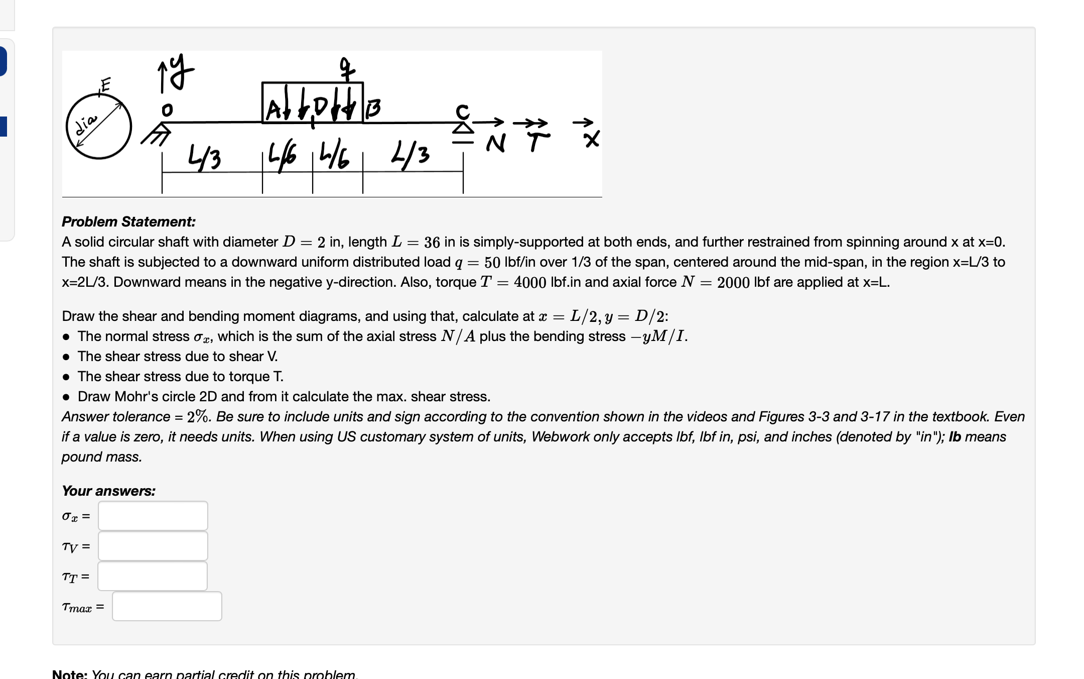 Solved A solid circular shaft with diameter D=2 in, length | Chegg.com