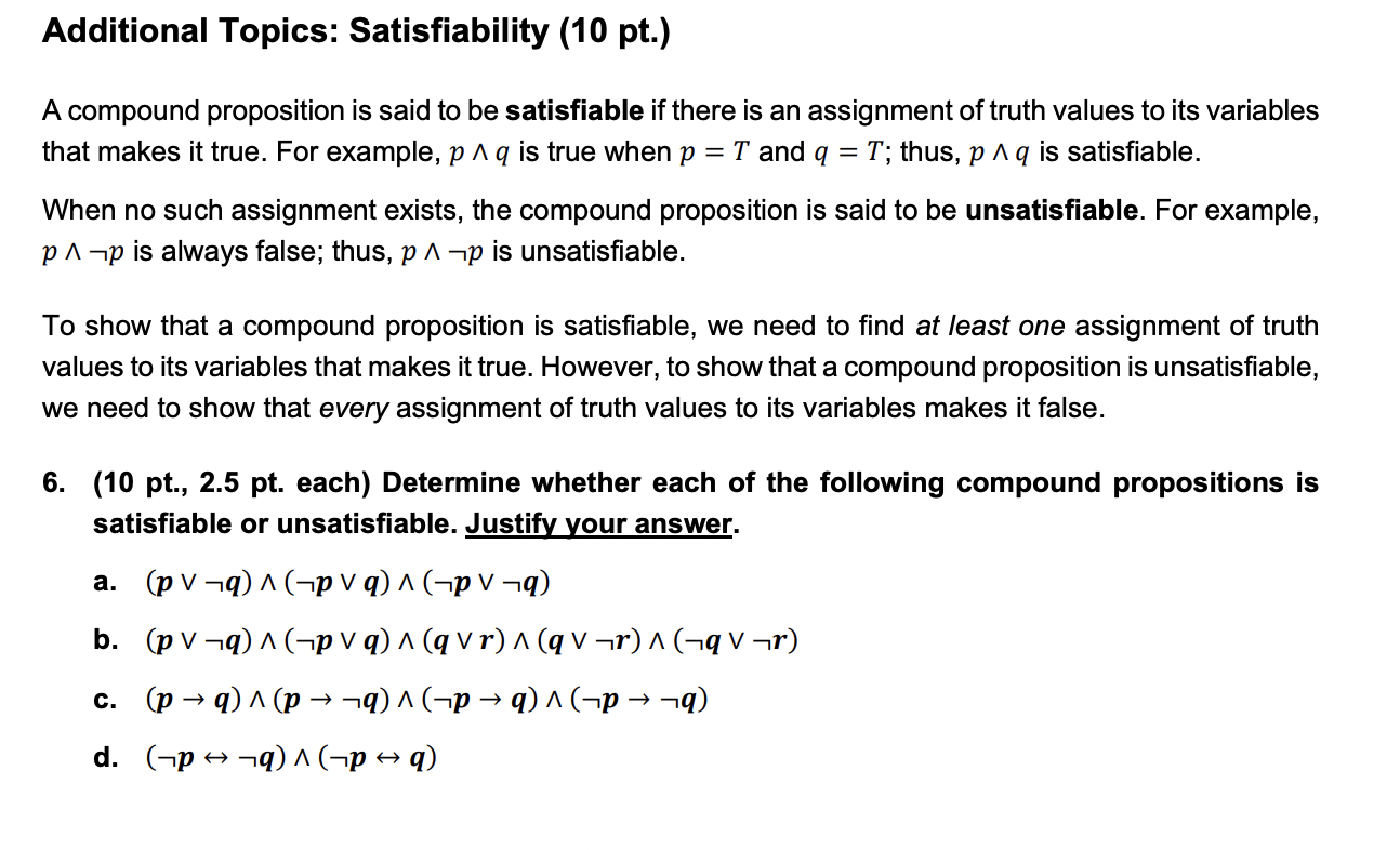Solved Additional Topics: Satisfiability (10 pt.) A compound | Chegg.com
