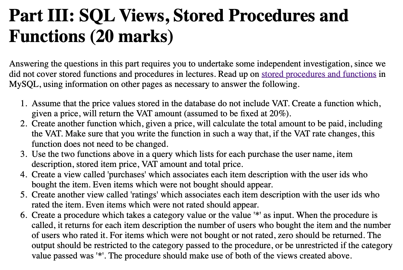 Part III: SQL Views, Stored Procedures and Functions | Chegg.com