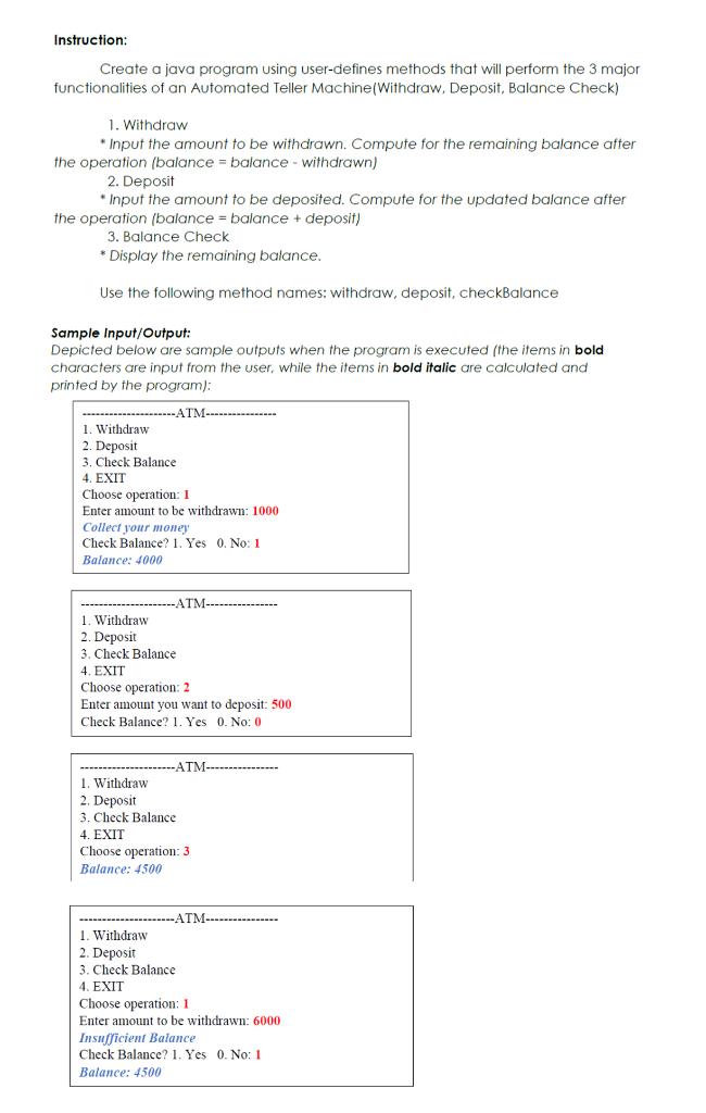 Solved Methods Instruction: Create a java program using | Chegg.com