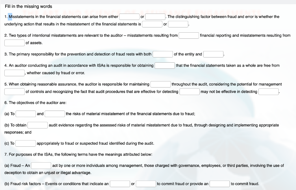 Solved Fill in the missing words 1. Misstatements in the | Chegg.com