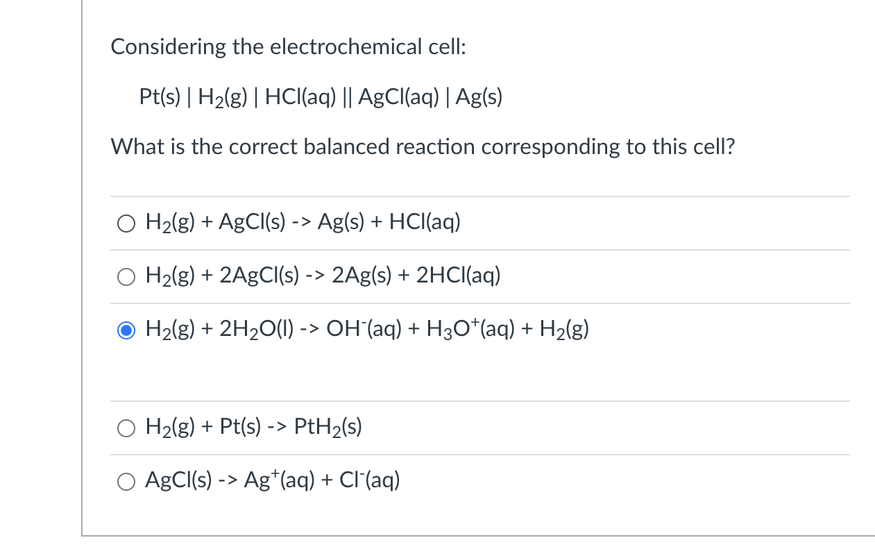 Solved Considering The Electrochemical Cell: Pt(s)| H2(g) | | Chegg.com