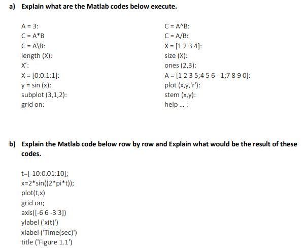 Solved a Explain what are the Matlab codes below execute. A