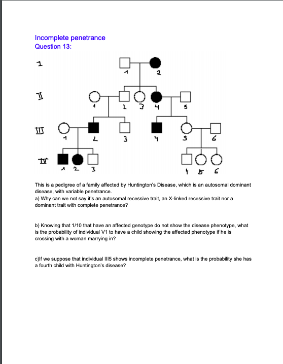 Incomplete Penetrance Question 13 1 1 4 Us L 3 4 Chegg Com