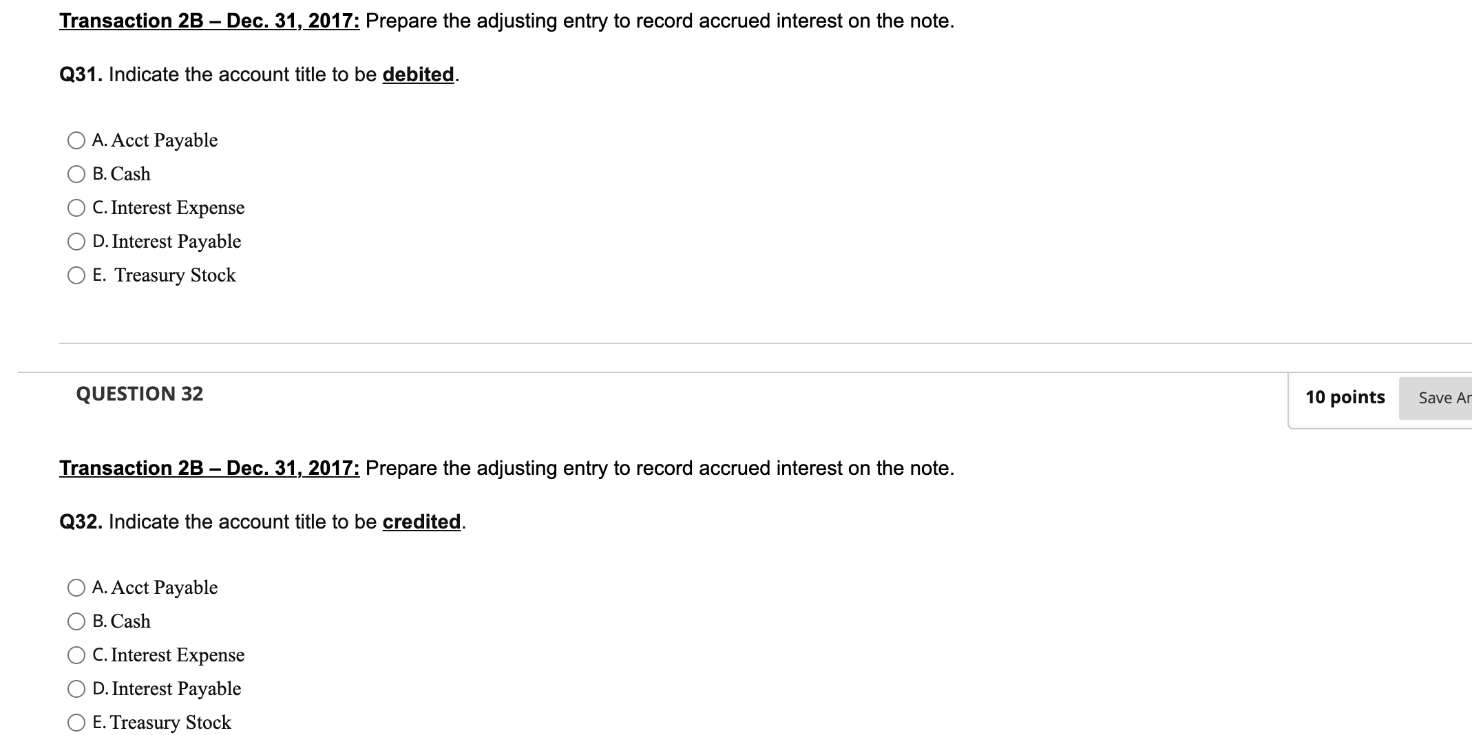 Solved Transaction 2B - Dec. 31,2017: Prepare the adjusting | Chegg.com