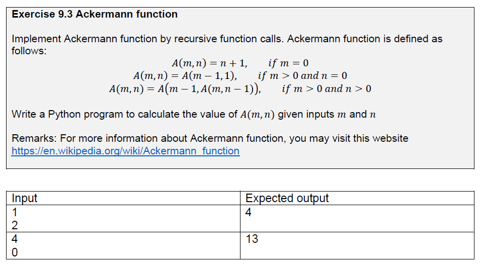 Solved Exercise 9.3 Ackermann Function Implement Ackermann | Chegg.com