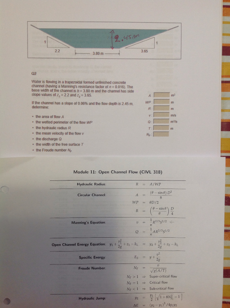 Solved 19 45m 3 80 M Q2 Water Is Flowing In A Trapezoidal Chegg Com