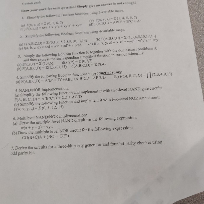 Solved 5 Points Show Work Question Simply Give Answer Enough 1 Simplify Following Boolean Functio Q