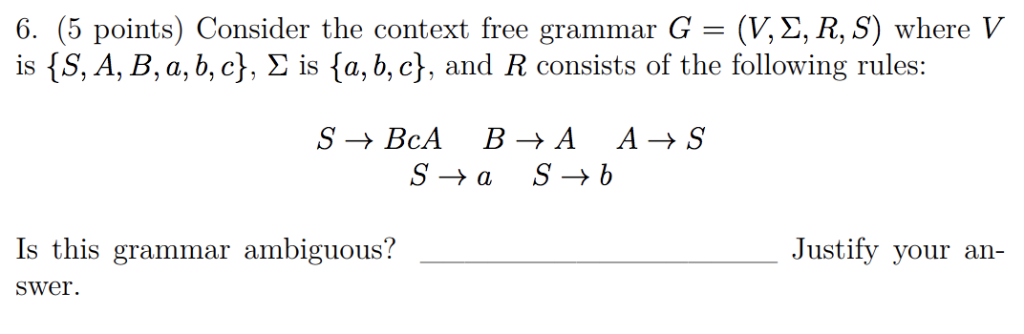 Solved 6. (5 points) Consider the context free grammar G | Chegg.com