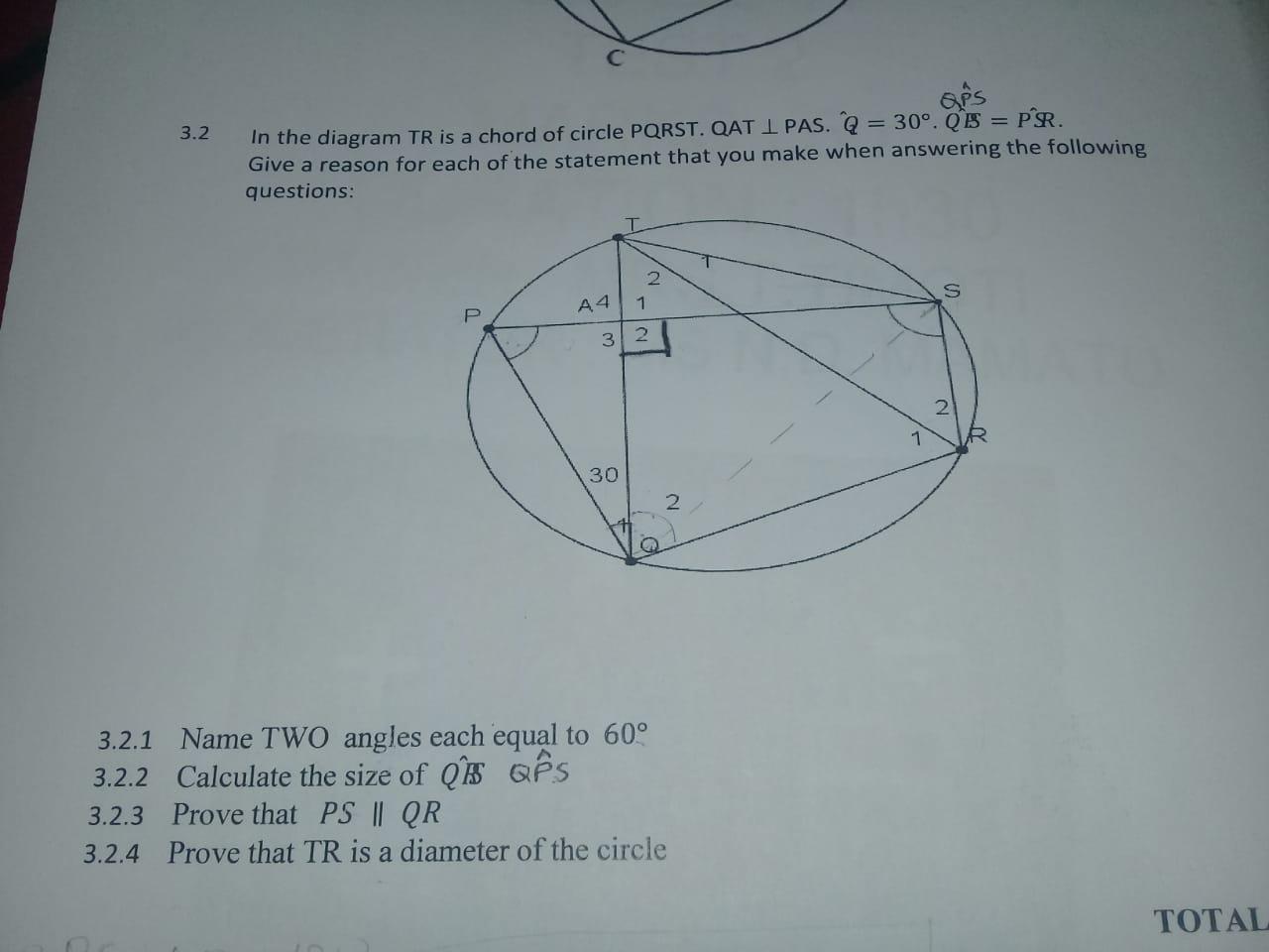 Solved 3.2 In the diagram TR is a chord of circle PQRST. QAT | Chegg.com