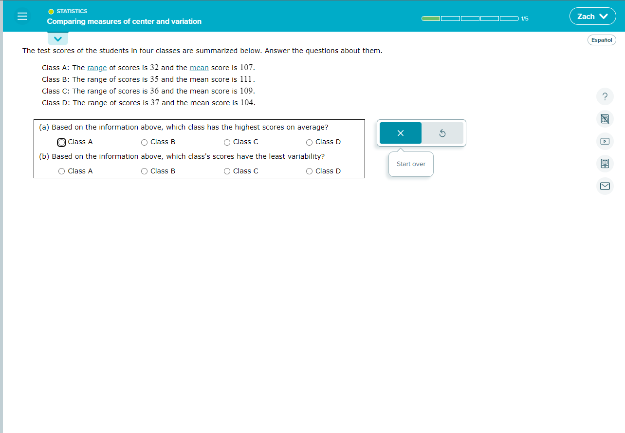 Solved The test scores of the students in four classes are | Chegg.com