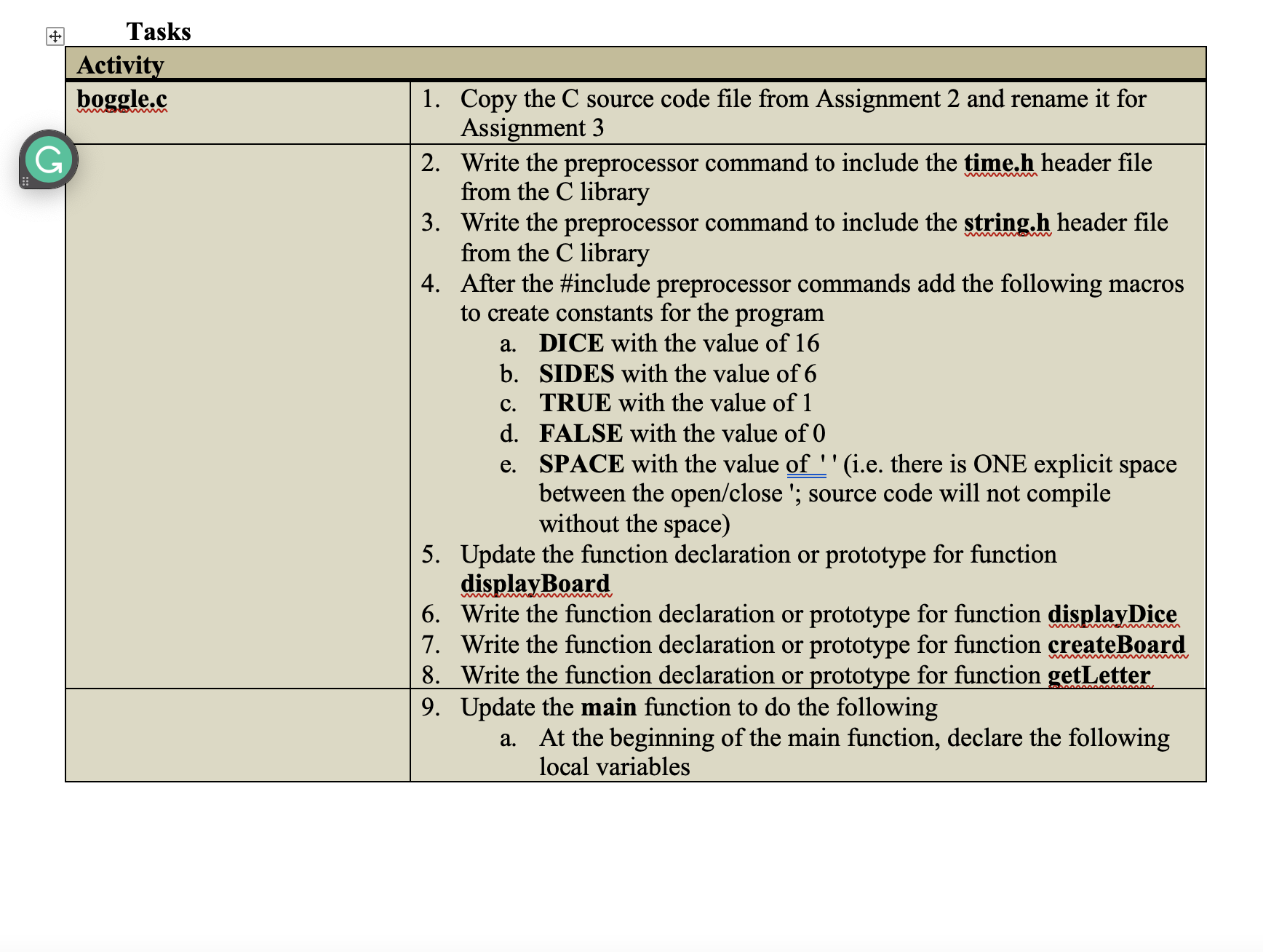 Solved + G Tasks Activity boggle.c 1. Copy the C source code