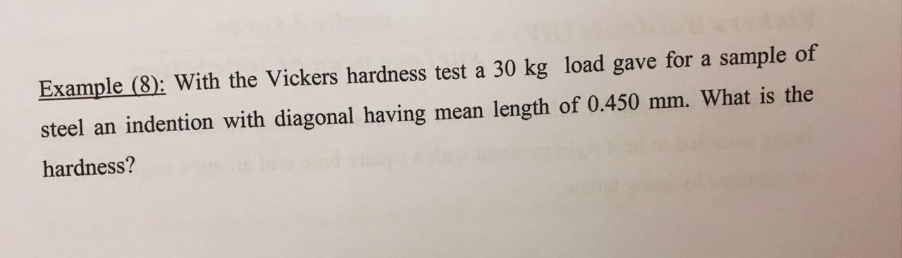 Solved Example (8): With The Vickers Hardness Test A 30 Kg | Chegg.com