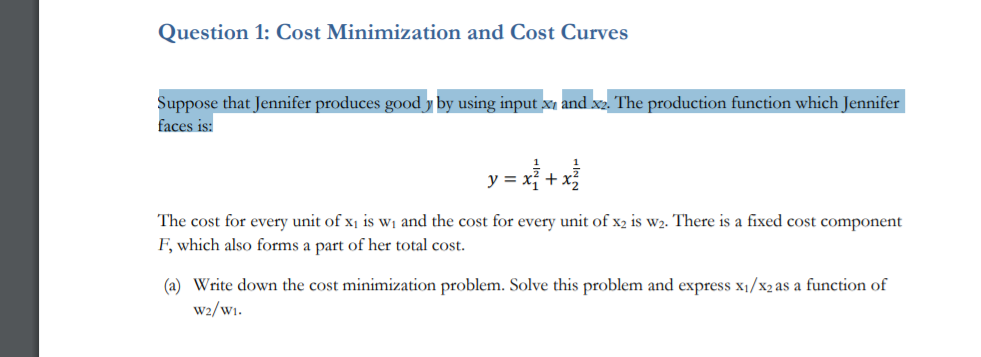 Solved Question 1: Cost Minimization And Cost Curves Suppose | Chegg.com