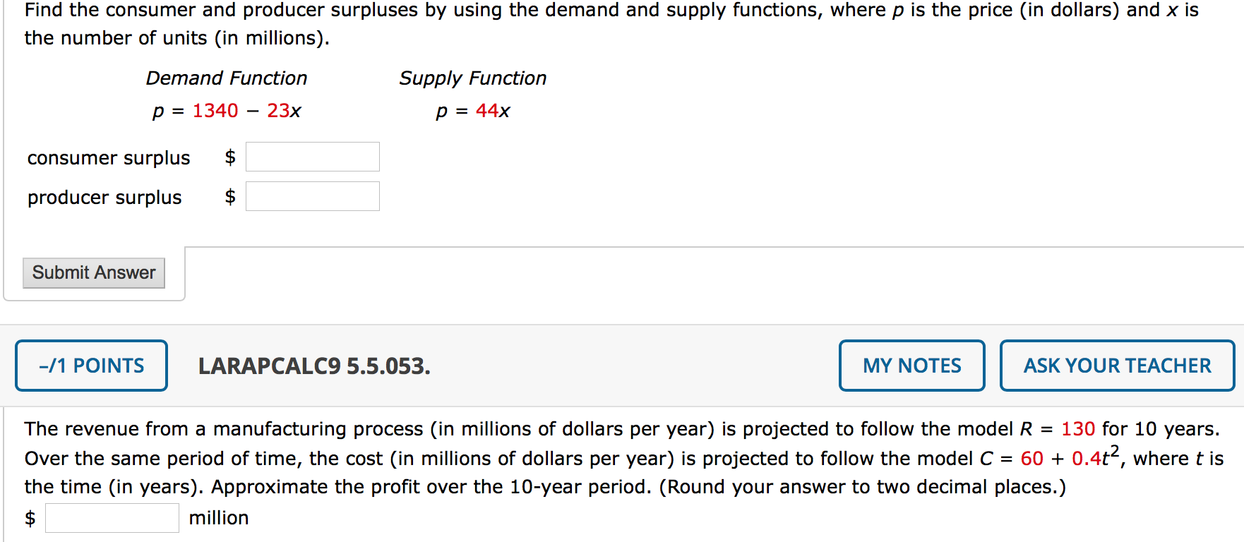 Solved Find The Consumer And Producer Surpluses By Using The | Chegg.com