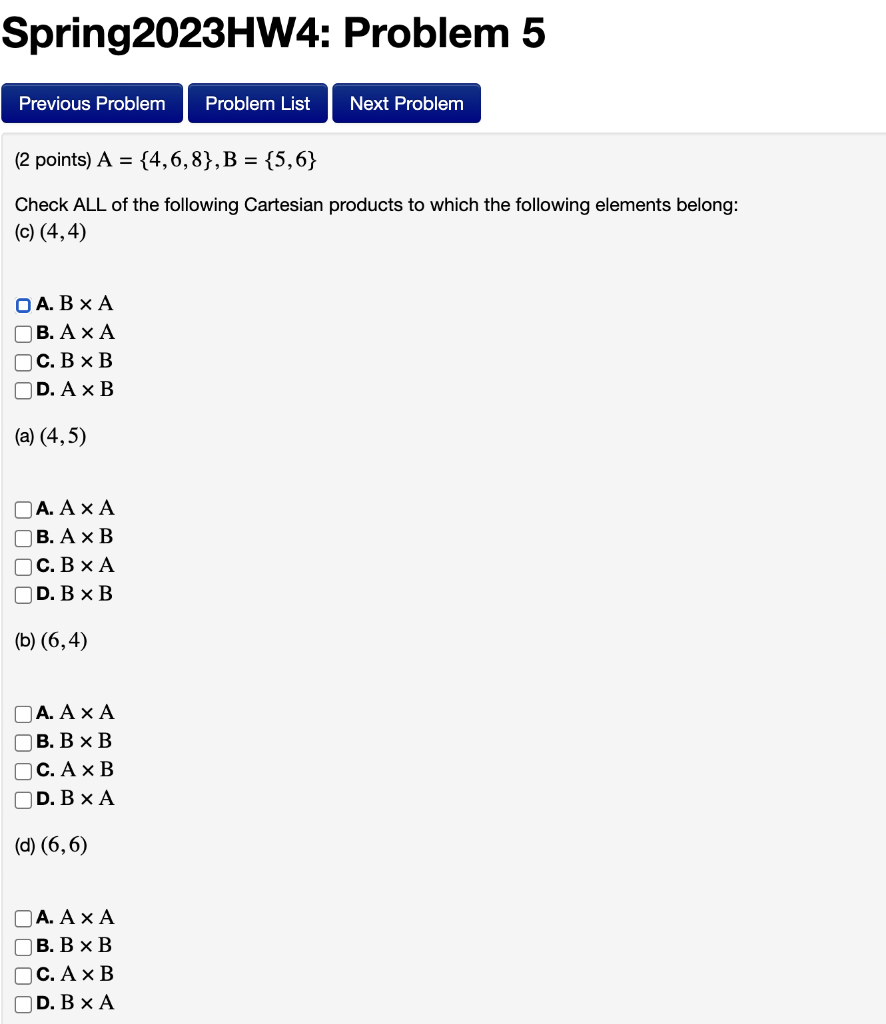 Solved (2 Points) A={4,6,8},B={5,6} Check ALL Of The | Chegg.com