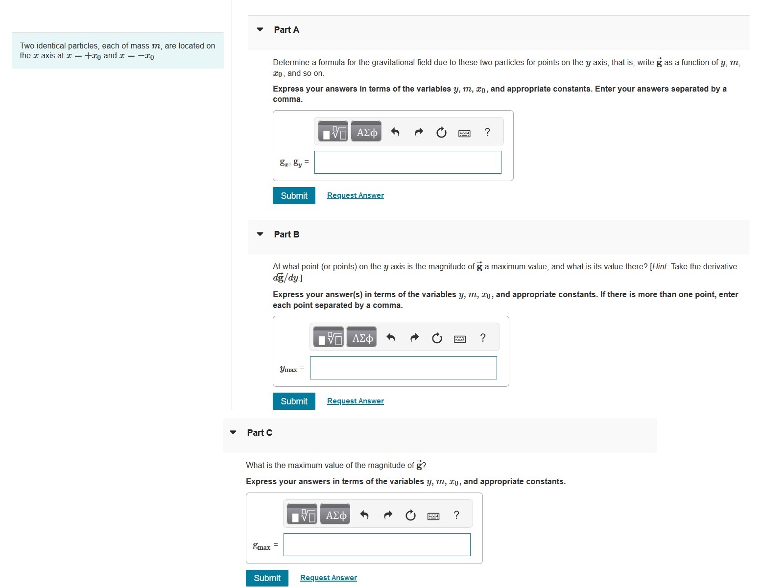 Solved Two Identical Particles, Each Of Mass M, ﻿are Located | Chegg.com