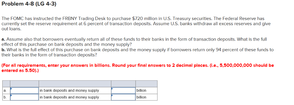 Solved Problem 4-8 (LG 4-3) The FOMC has instructed the | Chegg.com