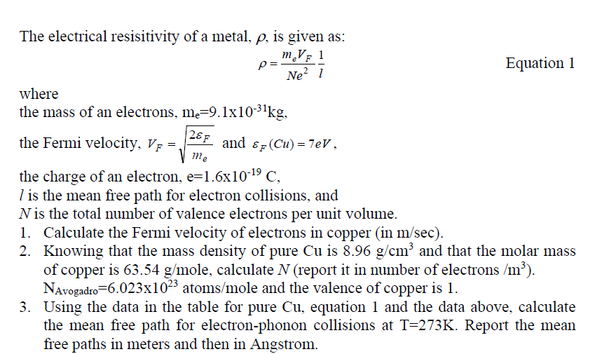 The Table Below Reports The Electrical Resistivity Of | Chegg.com