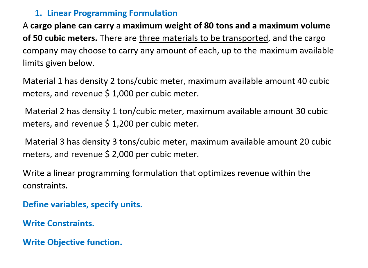 Solved 1. Linear Programming Formulation A cargo plane can