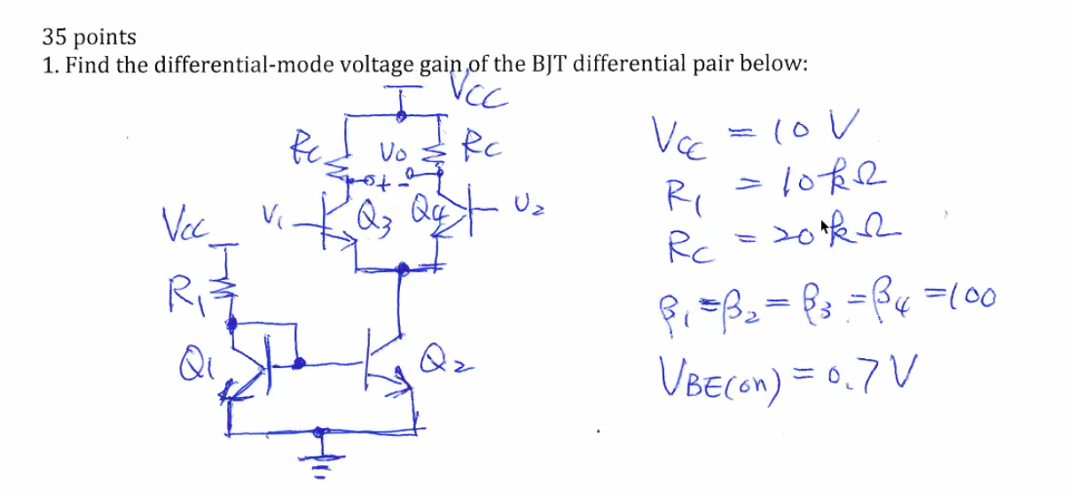 Solved 35 points 1. Find the differential-mode voltage gain | Chegg.com