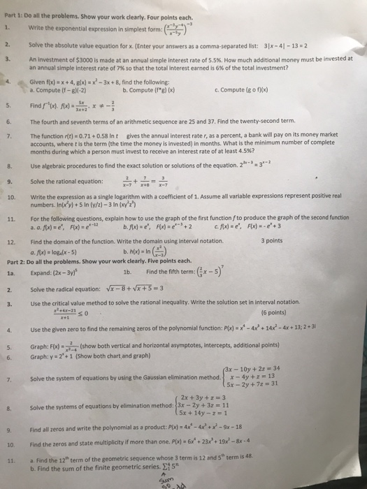 Solved Part 1: Do all the problems. Show your work clearly. | Chegg.com