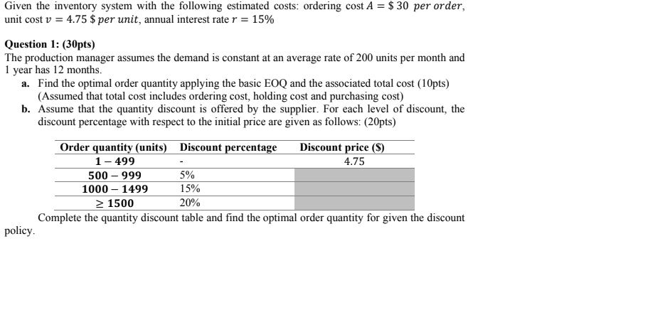 Solved Given the inventory system with the following | Chegg.com