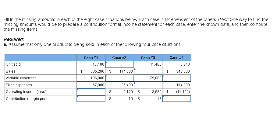 Solved Fill In The Missing Amounts In Each Of The Eight Case Chegg Com