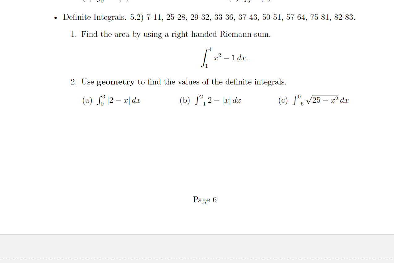 Solved Definite Integrals 5.2 Calculus 1 Review Sheet And | Chegg.com