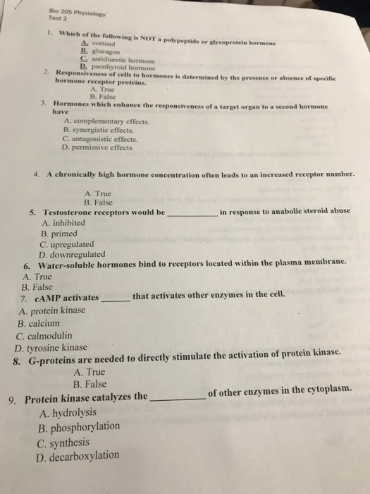 Solved Bio 205 Physiology Test 2 1. Which of the following | Chegg.com