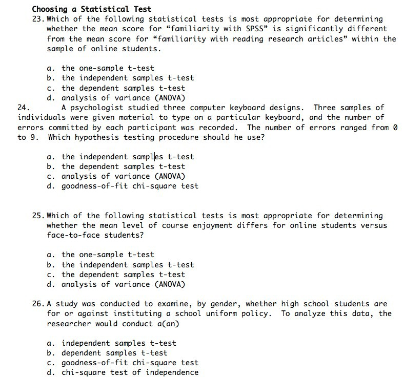Solved Choosing a Statistical Test 23. Which of the | Chegg.com