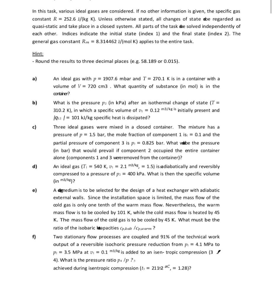 Solved In this task, various ideal gases are considered. If | Chegg.com