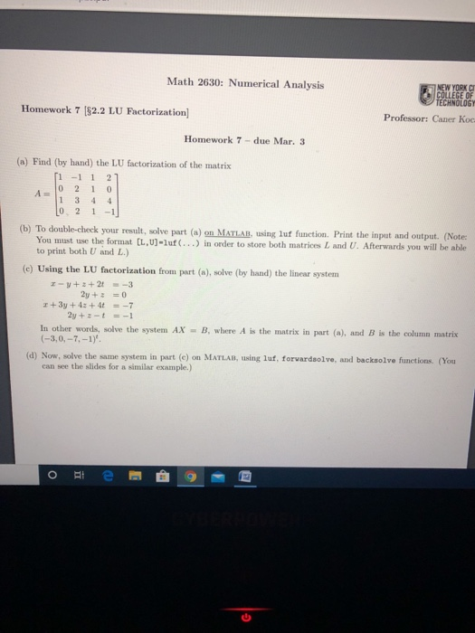 Solved Math 2630 Numerical Analysis Homework 7 (52.2 LU