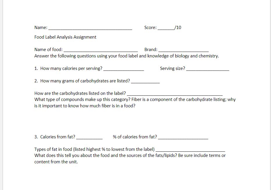 Name Score 10 Food Label Analysis Assignment Name 8921