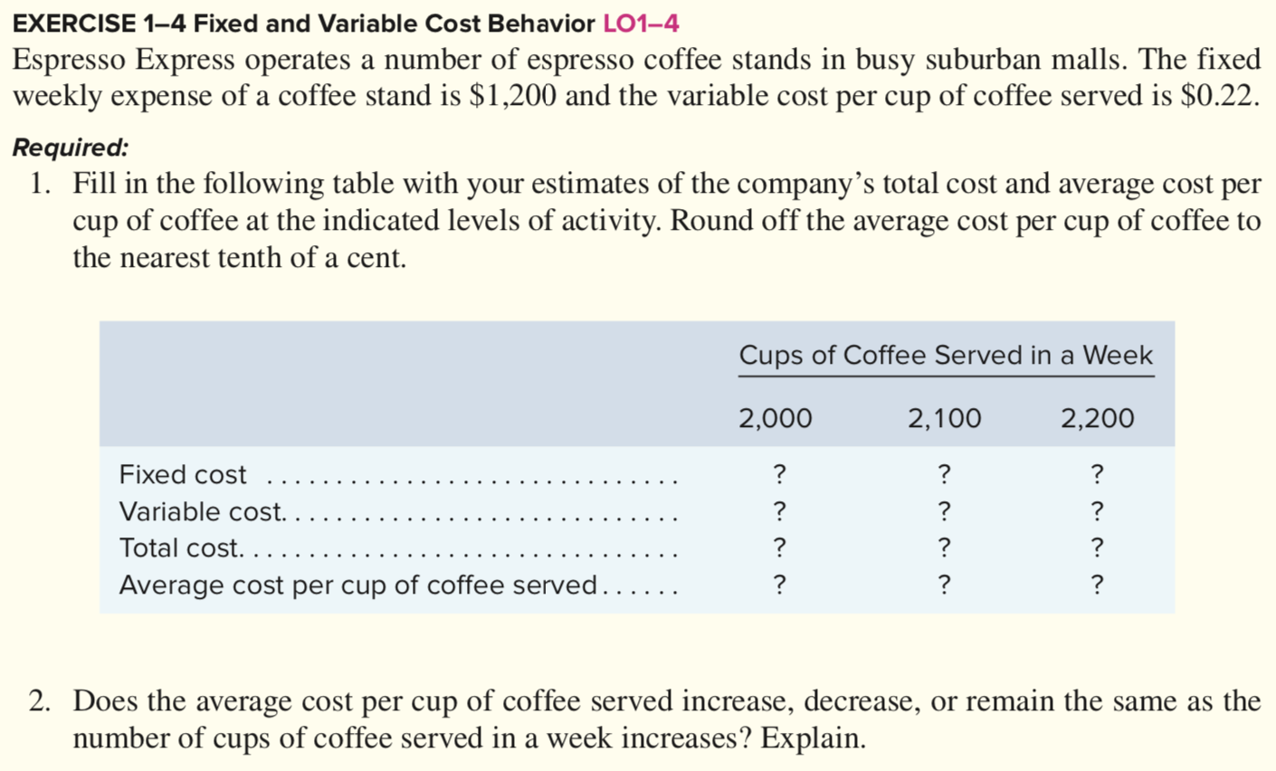 Solved EXERCISE 14 Fixed and Variable Cost Behavior L014