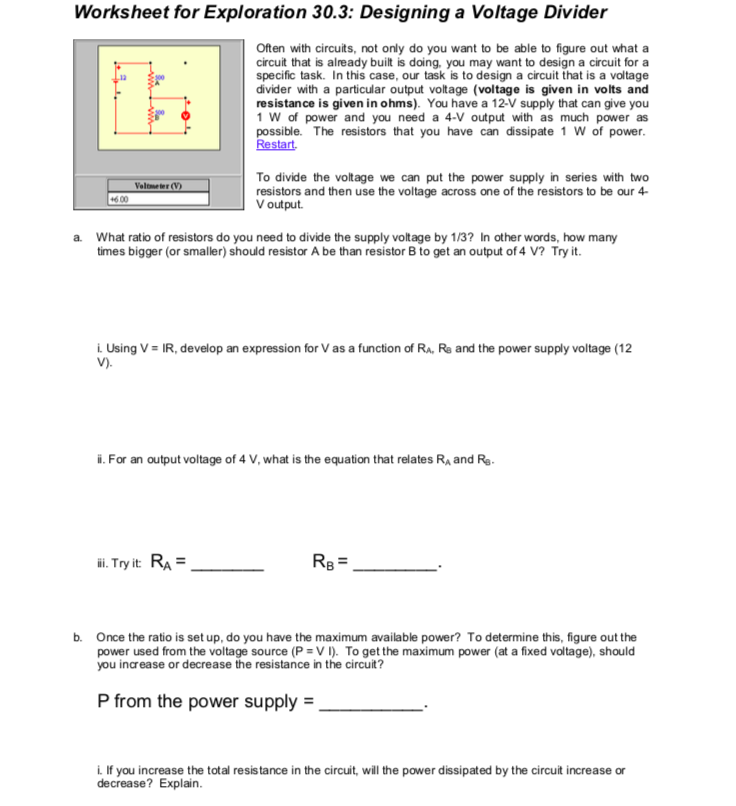 Worksheet For Exploration 30 3 Designing A Voltage Chegg Com