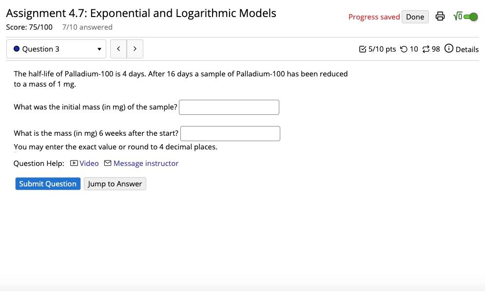 Solved Assignment 4.7: Exponential and Logarithmic Models | Chegg.com