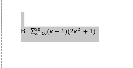 \( \sum_{k=10}^{20}(k-1)\left(2 k^{2}+1\right) \)