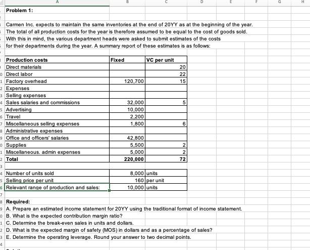 Solved G H Problem 1: Carmen Inc. expects to maintain the | Chegg.com