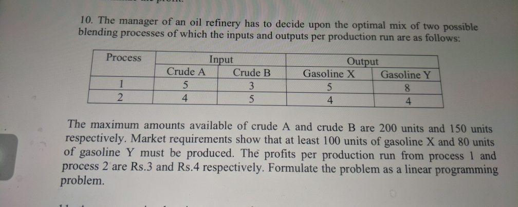 (Solved) : 10 Manager Oil Refinery Decide Upon Optimal Mix Two Possible ...