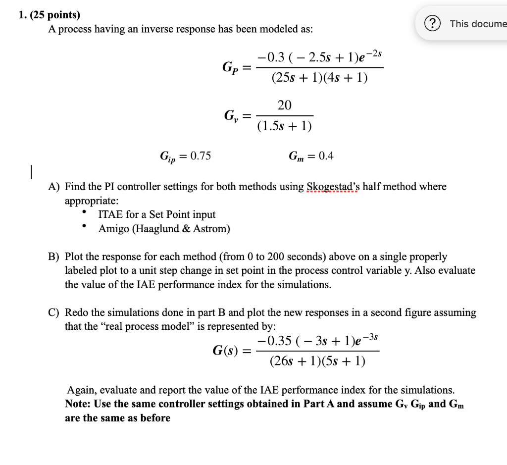 1. (25 points) A process having an inverse response | Chegg.com