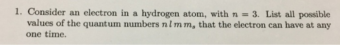Solved 1. Consider an electron in a hydrogen atom, with n = | Chegg.com