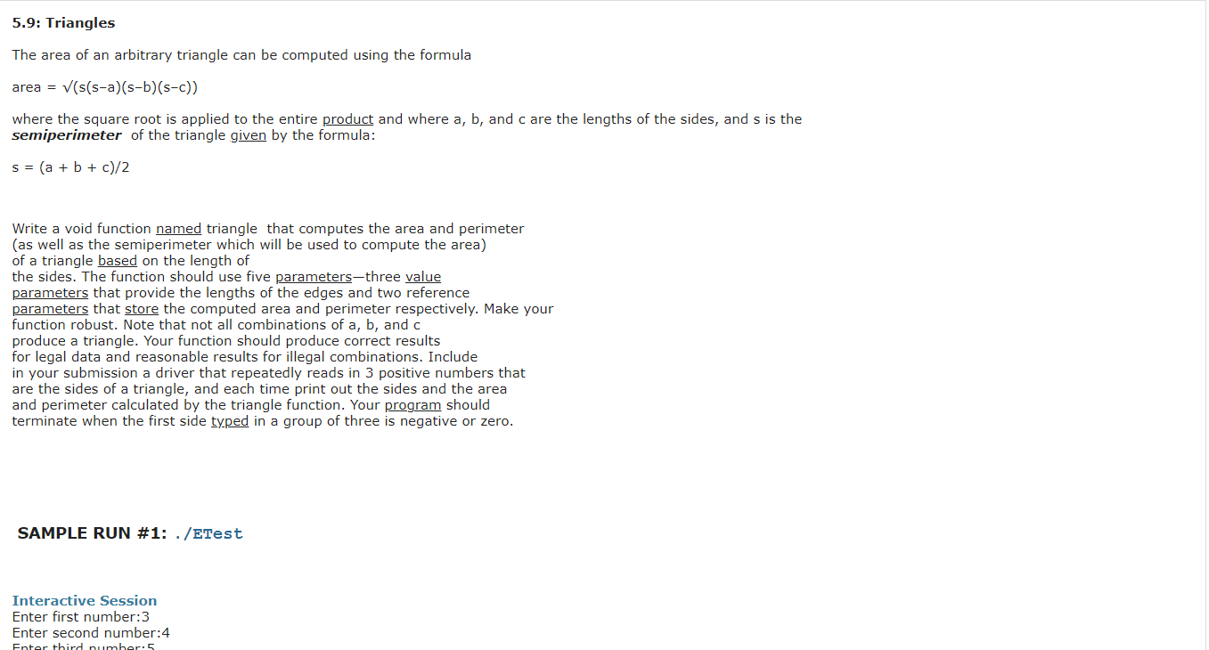 Solved 5.9: Triangles The area of an arbitrary triangle can | Chegg.com