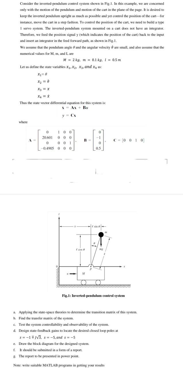 Consider the inverted-pendulum control system shown | Chegg.com